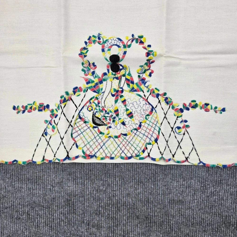 Vintage Hand Embroidered Crinoline Lady Pillowcase Pair White Southern Belle